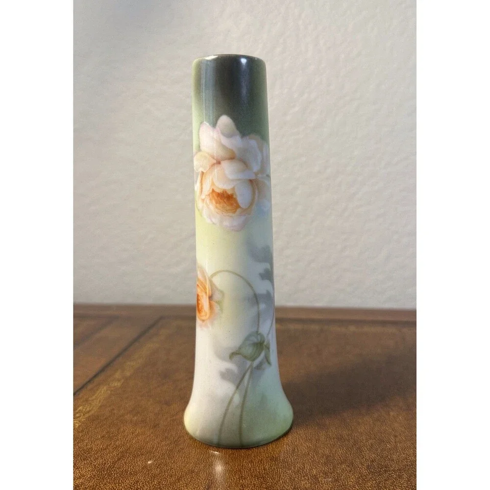 VTG Germany Porcelain Bud Vase Hat Pin Holder Green with White/Peach Roses 6
